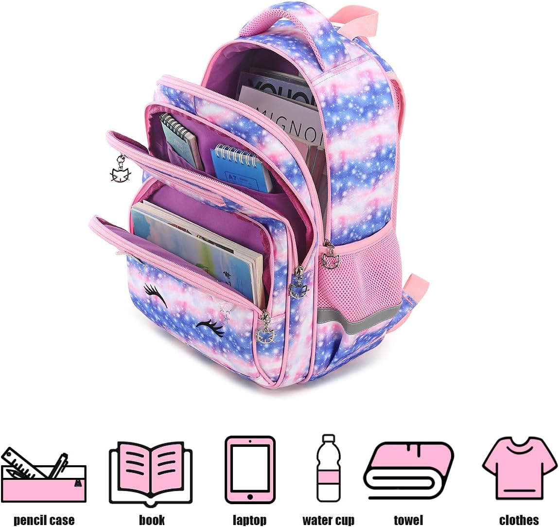 Cusangel Girls Backpack with Lunch Box Pencil Case,Cute Multi Compartment Preschool Elementary Primary Backpack for Girls Sky Unicorn 3pcs Backpack for Girls