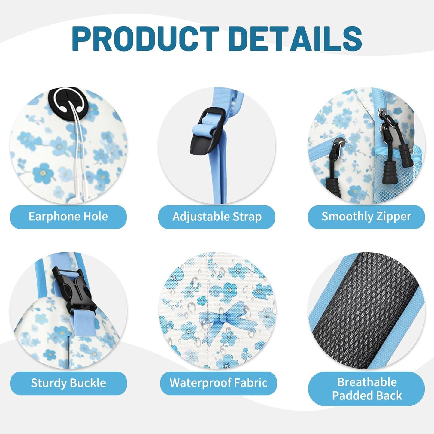 Blue Floral Sling Bag Crossbody Chest Bag for Women Men, Water Resistant Lightweight Casual Crossbody Bag with Adjustable Strap, Travel Hiking Daypack Shoulder Backpack