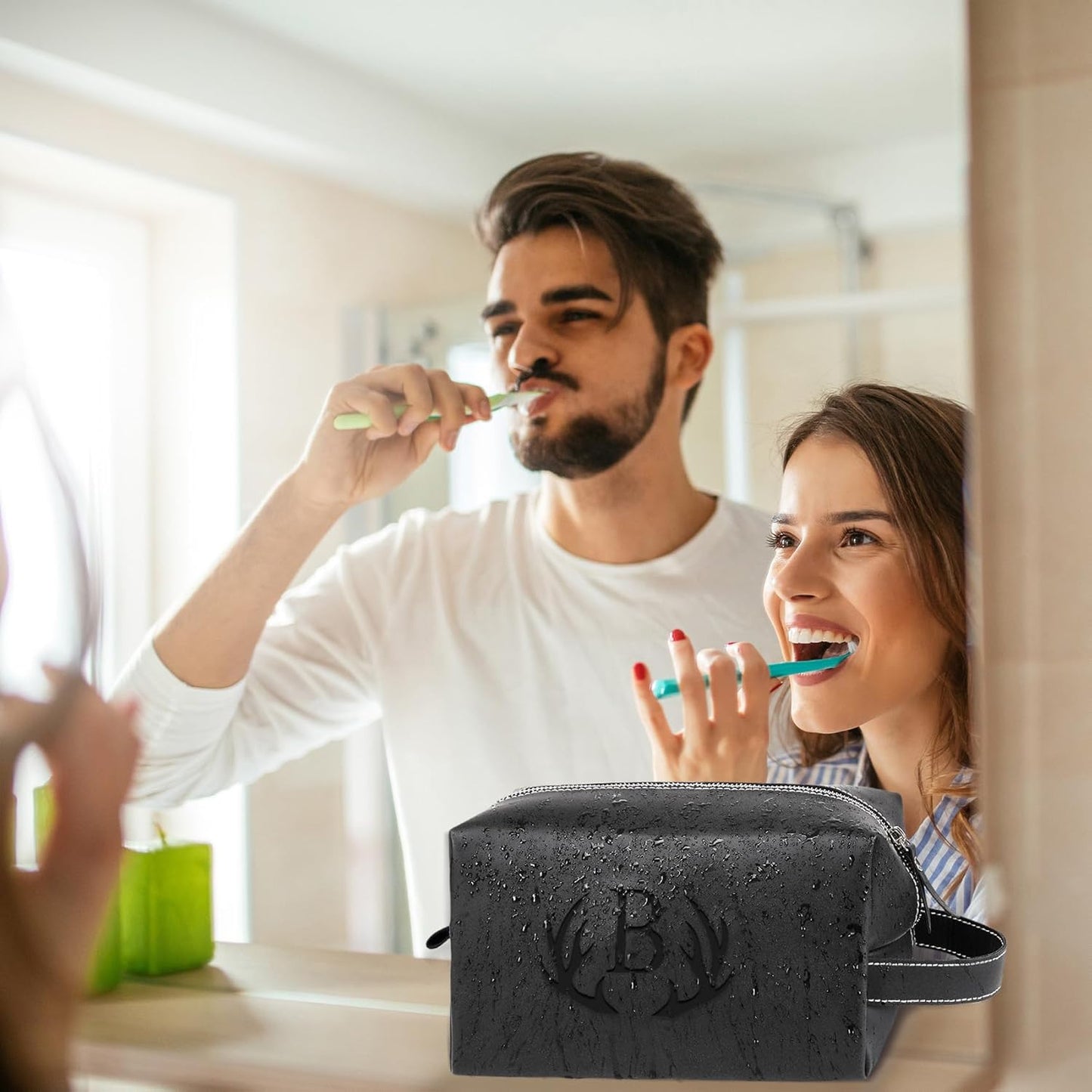 Personalized Gifts Travel Toiletry Bag for Men Engraved Initial PU Leather Waterproof Shaving Bag for Toiletries Accessories Fathers Day Birthday Gift for Men Dad Husband Son, Black P