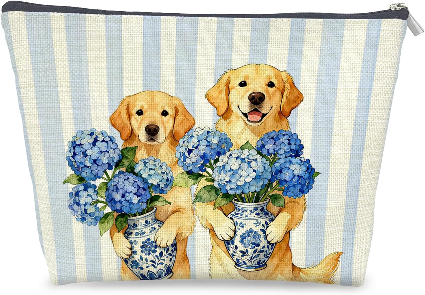 Blue Chinoiserie Hydrangea Golden Retriever Makeup Bag Gifts for Women, Golden Retriever Lovers Gifts Cosmetic Bag, Grandmillennial Floral Dog Striped Zipper Makeup Pouch Travel Toiletry Bag