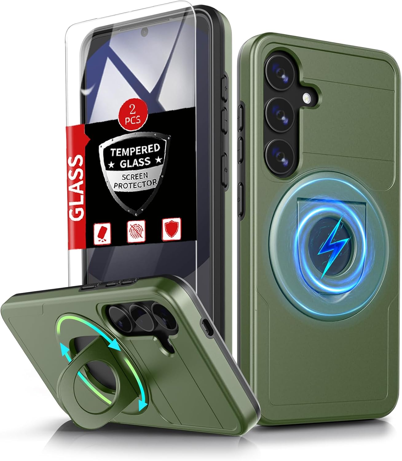 for Samsung Galaxy S24 FE Case Magnetic Compatible with MagSafe Wireless Charging,with 2 Screen Protectors,for S24 FE Case with Stand Ring Anti-Scratch Shockproof Heavy Duty Protection Green