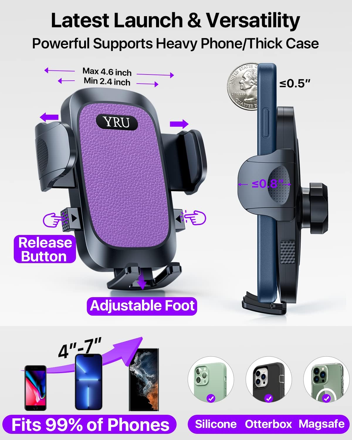 YRU [True Upgrade for Safety] Car Phone Holder Mount [Patent & Military-Grade] Dashboard Cell Phone Holder for Car Vent Windshield Phone Stand for iPhone 17 16 15 14 13 Pro Max Truck Samsung, Purple