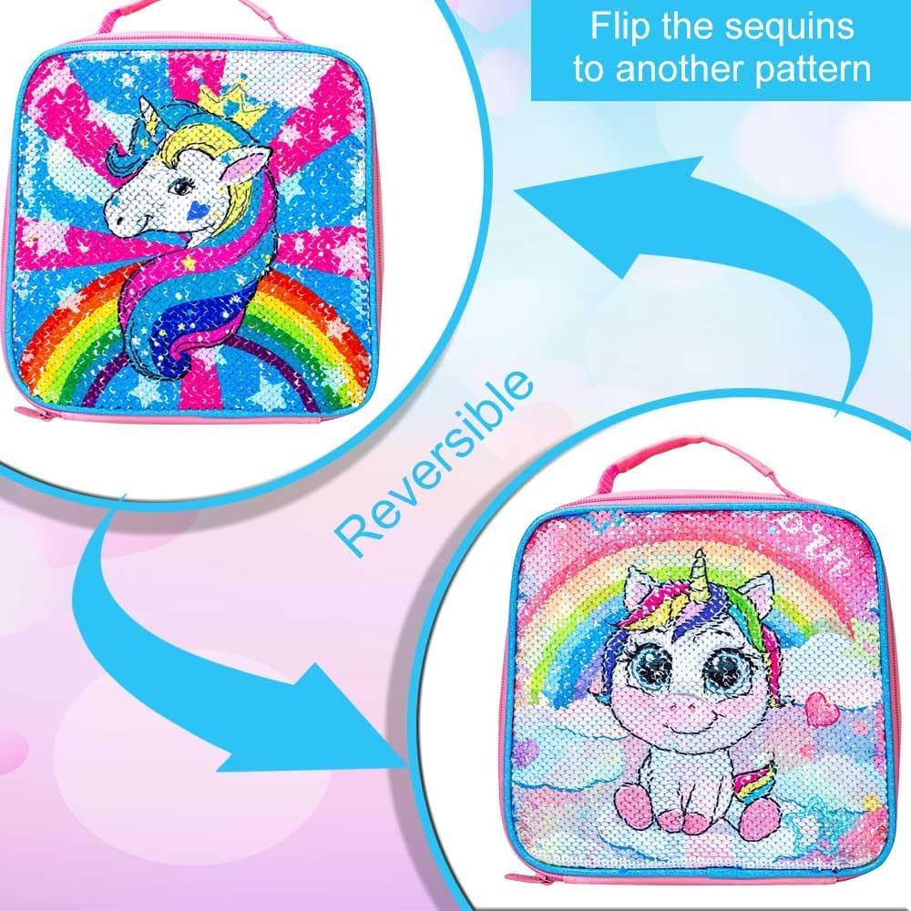 3PCS Girls Backpack, 16" Sequin Prechool Elementary Bookbag and Lunch Box