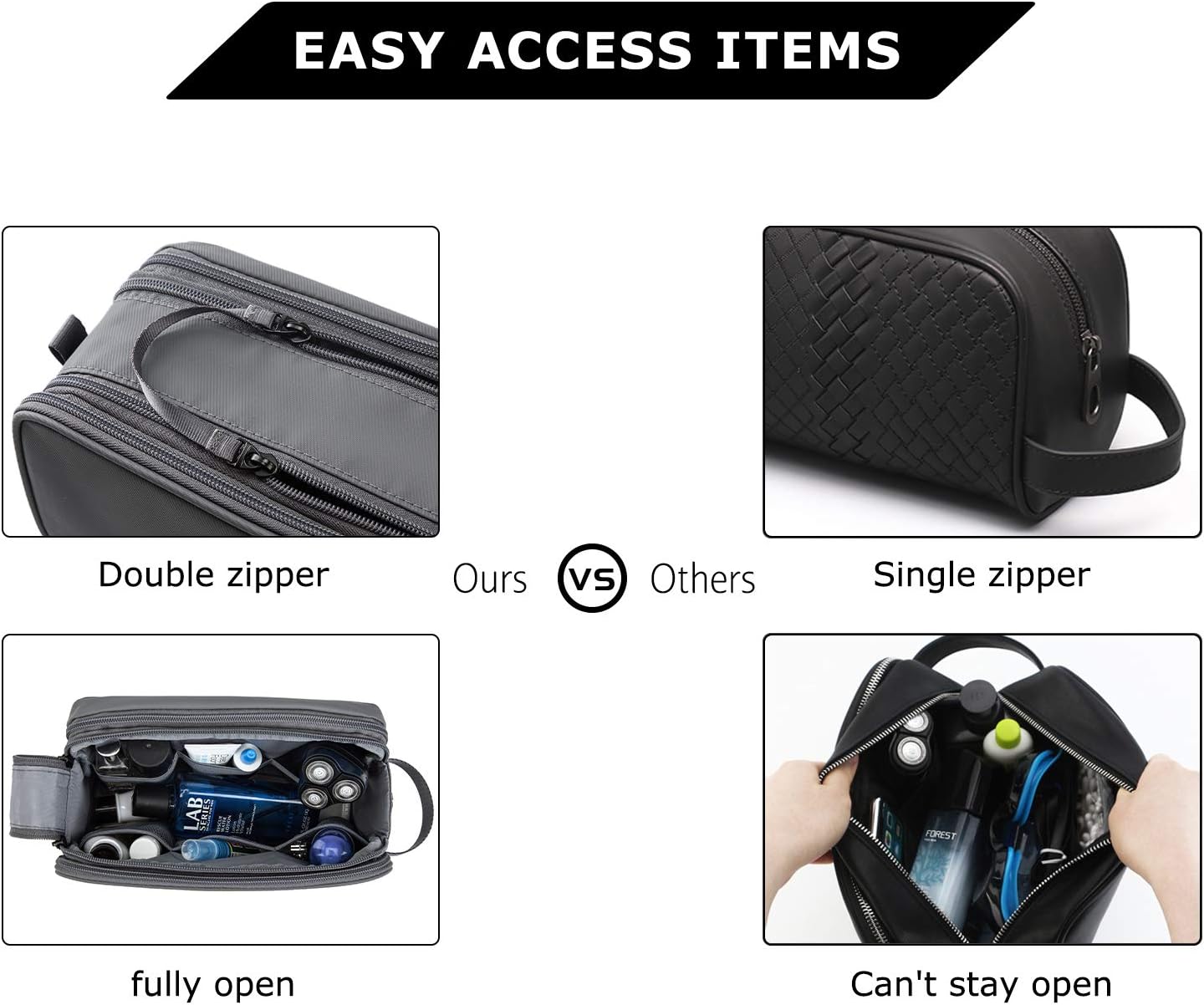 BAGSMART Toiletry Bag for Men, Travel Toiletry Organizer Dopp Kit Water-resistant Shaving Bag for Toiletries Accessories, Door Room Essentials,Grey-medium