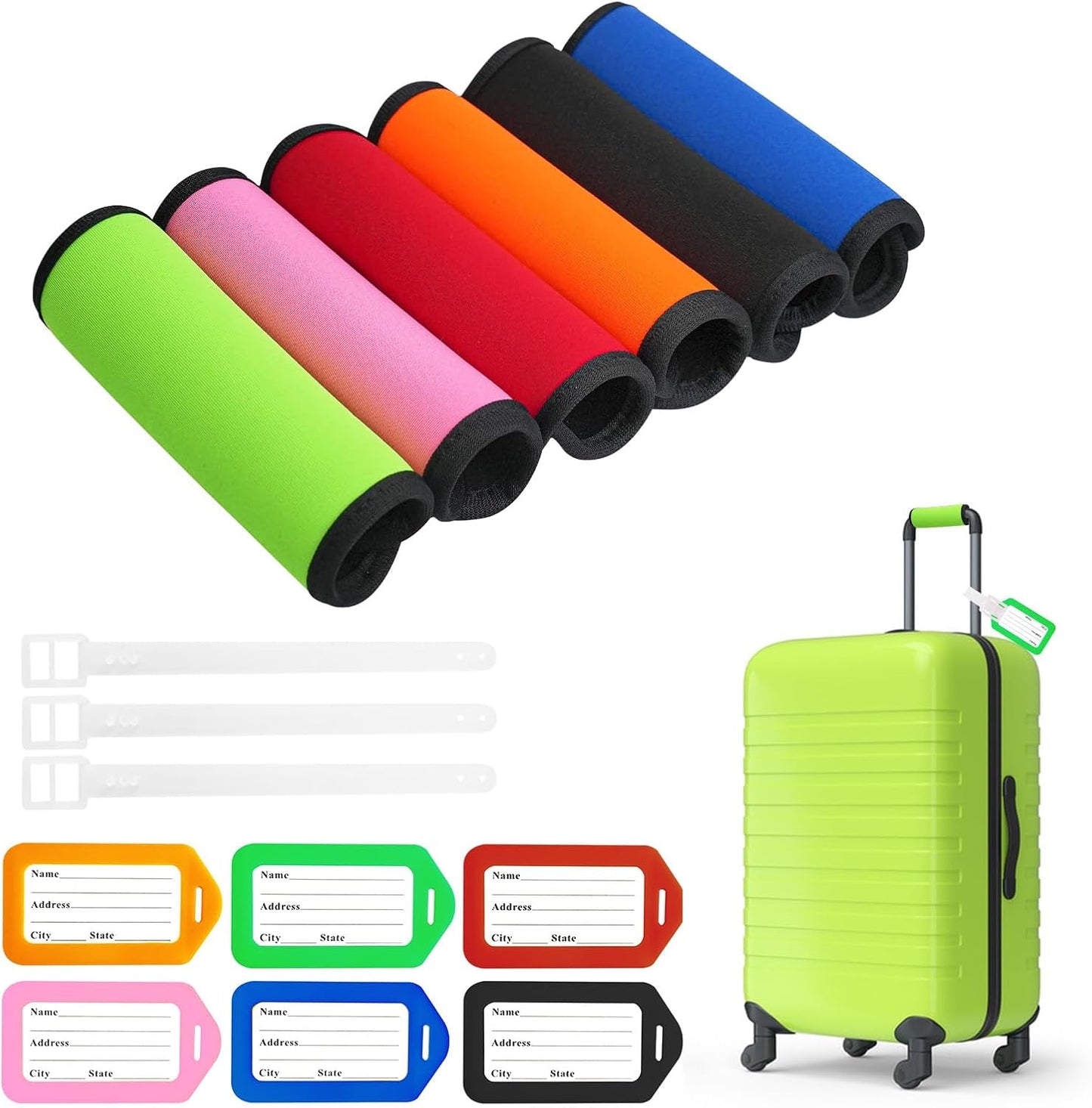 6Pcs Luggage Handle Wrap and 6Pcs Luggage Tags for Suitcases, Neoprene Bright Bag Handle Wraps for Identifier Luggage with 6 Colors, Luggage Handle Covers Airport Travel Accessories