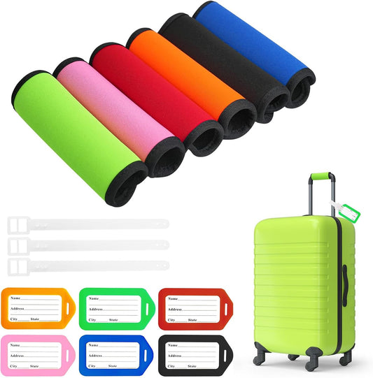 6Pcs Luggage Handle Wrap and 6Pcs Luggage Tags for Suitcases, Neoprene Bright Bag Handle Wraps for Identifier Luggage with 6 Colors, Luggage Handle Covers Airport Travel Accessories
