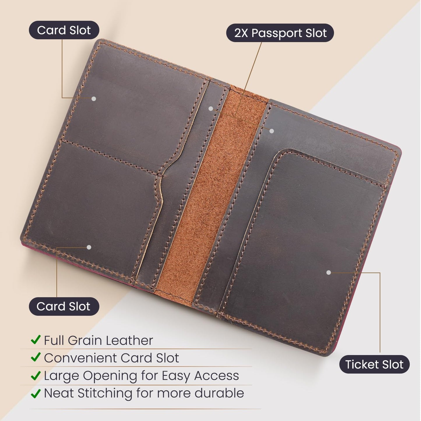 Leather Passport Holder with Travel Wallet, Genuine Leather Passport Cover- Passport Wallet, Leather Folding Wallet for Passports (Straight Cut, Dark Brown)