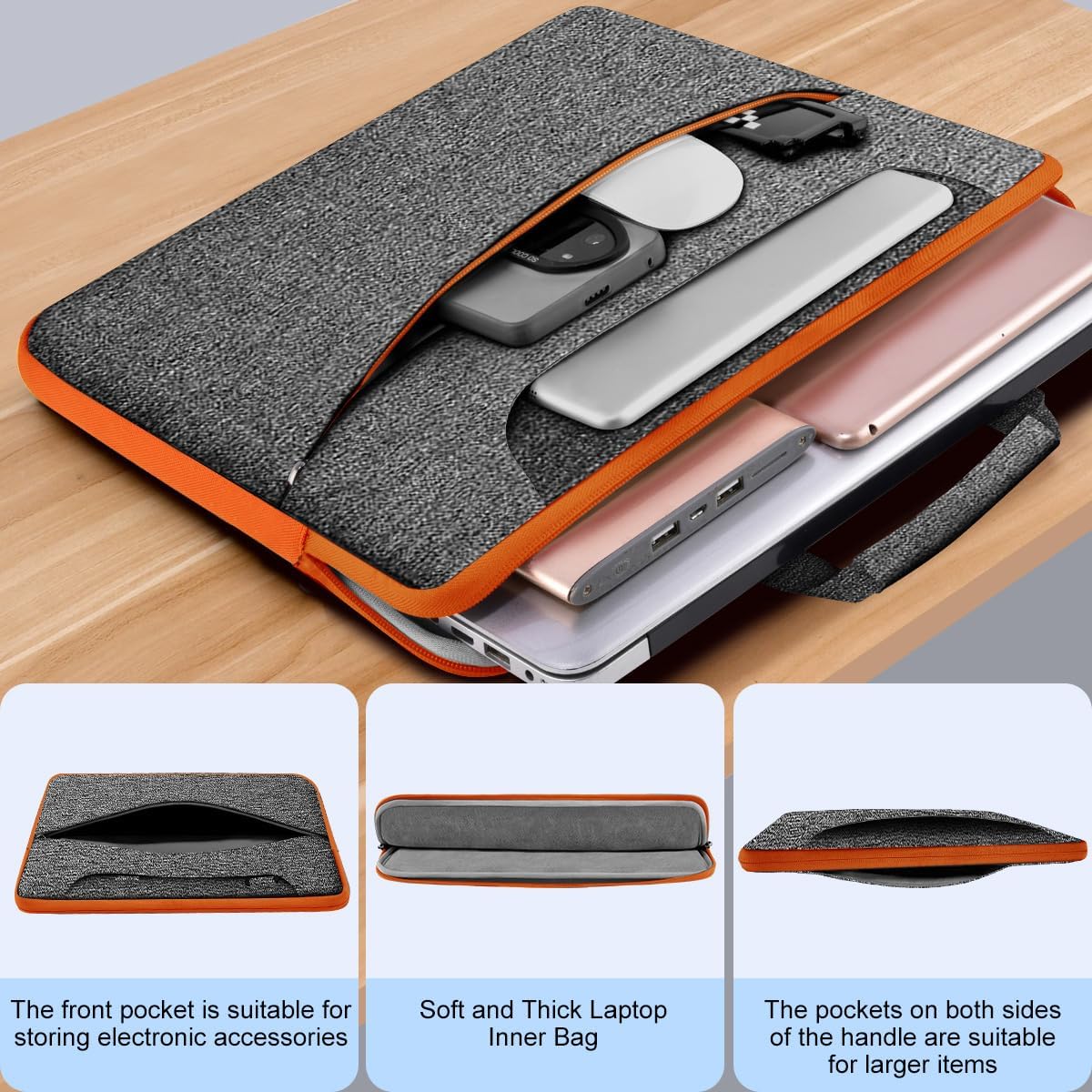 Hseok Laptop Shoulder Bag 15.6-16 inch Case, Durable Shockproof Protective Computer Carrying Briefcase with Multi-Pockets and Strap Compatible with Most 15 15.6 16 inch Notebooks,Dark gray-orange