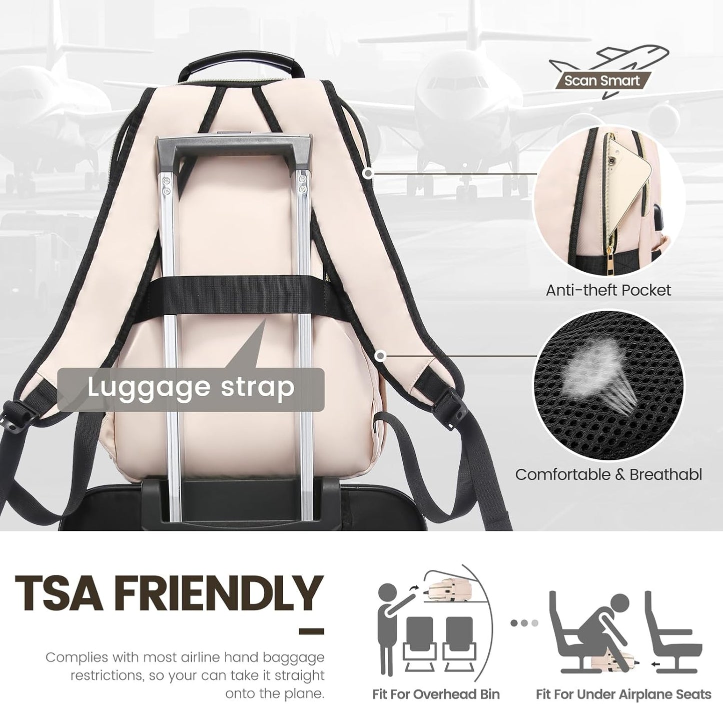 LOVEVOOK Laptop Backpack for Women 15.6 inch,Cute Womens Travel Purse,Professional Computer Bag,Waterproof Work Business College Teacher Bags Carry on with USB Port,Nude
