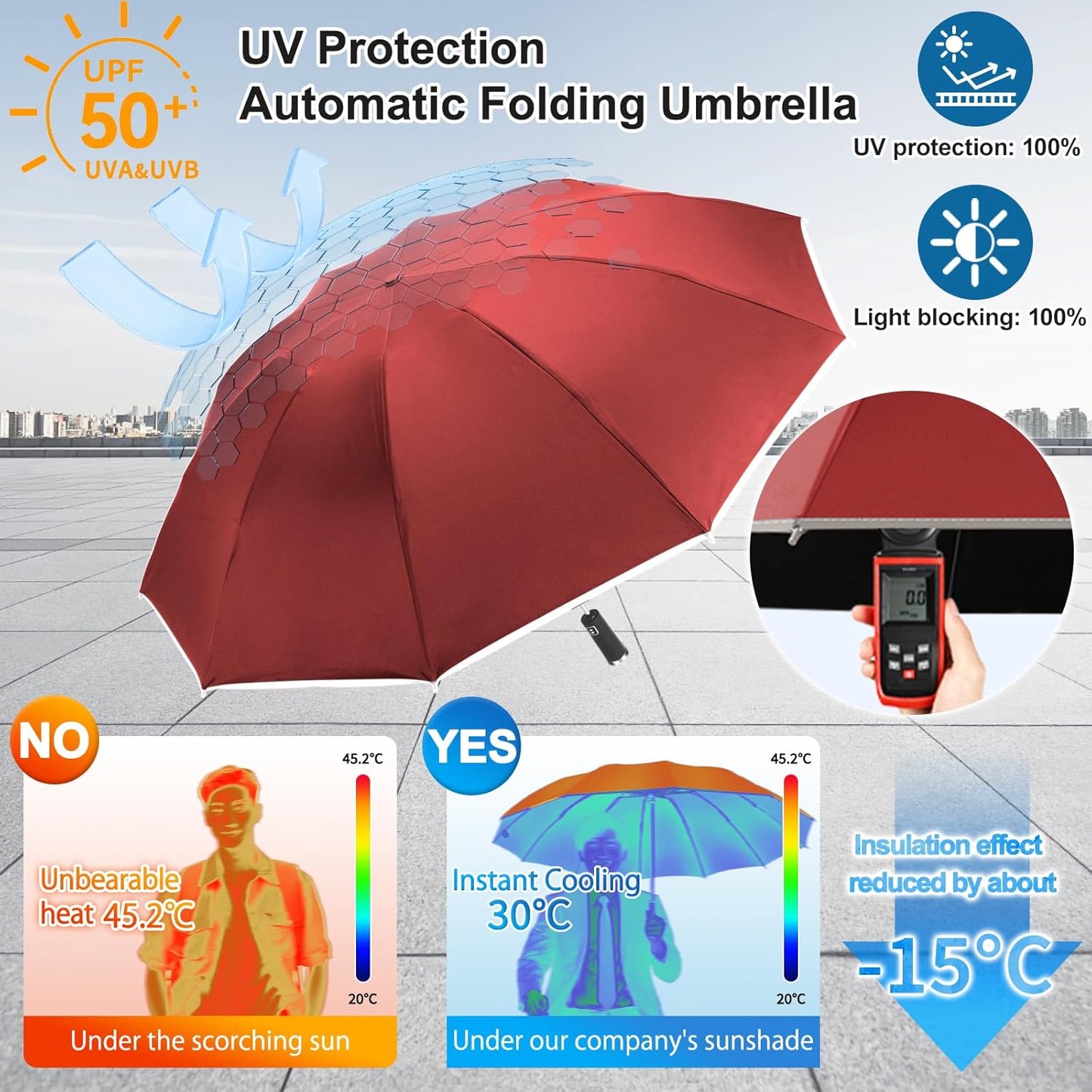 Travel Umbrella for Rain, Automatic Folding Windproof Umbrella with Case - Compact Reverse with 360° Reflective Stripe, Light & Portable Durable for Women & Men