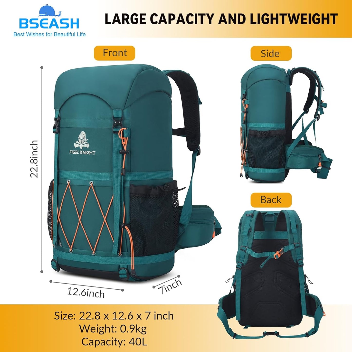 Bseash 40L Waterproof Hiking Backpack with Rain Cover, Outdoor Sport Travel Bag Daypack for Camping Climbing Skiing Cycling (Blue Green)
