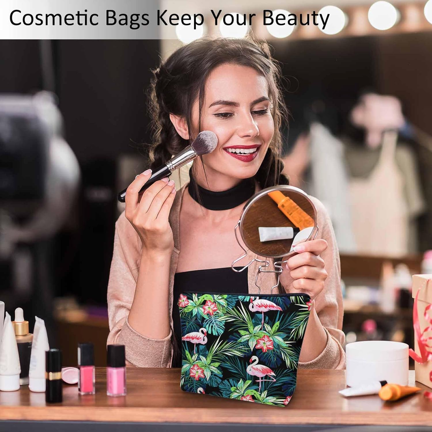Makeup Bag Purse Flamingo, Tropical Palm Leaves Hibiscus Cosmetic Bags For Women Flamingo Pink