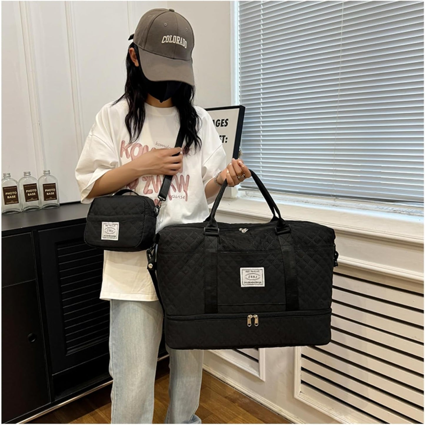 Travel Duffel Bags with Toiletry Bag and Shoe Compartment, Wet Pocket,Carry On Overnight Bag for Women Travel,Gym,Weekend.Hospital Bags for Labor and Delivery (Black)