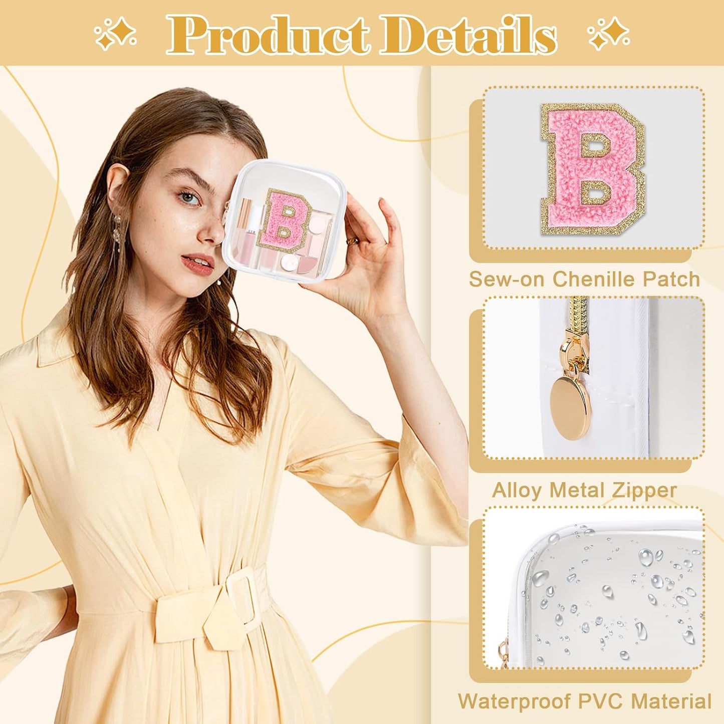 Personalized Initial Letter Clear Preppy Makeup Bag,Mini Nylon Chenille Letter Cosmetic Bag Cute Zipper Pouch Purse for Teen Girls,Portable TSA Approved Beach Travel Essentials Bag Gift for Women,B