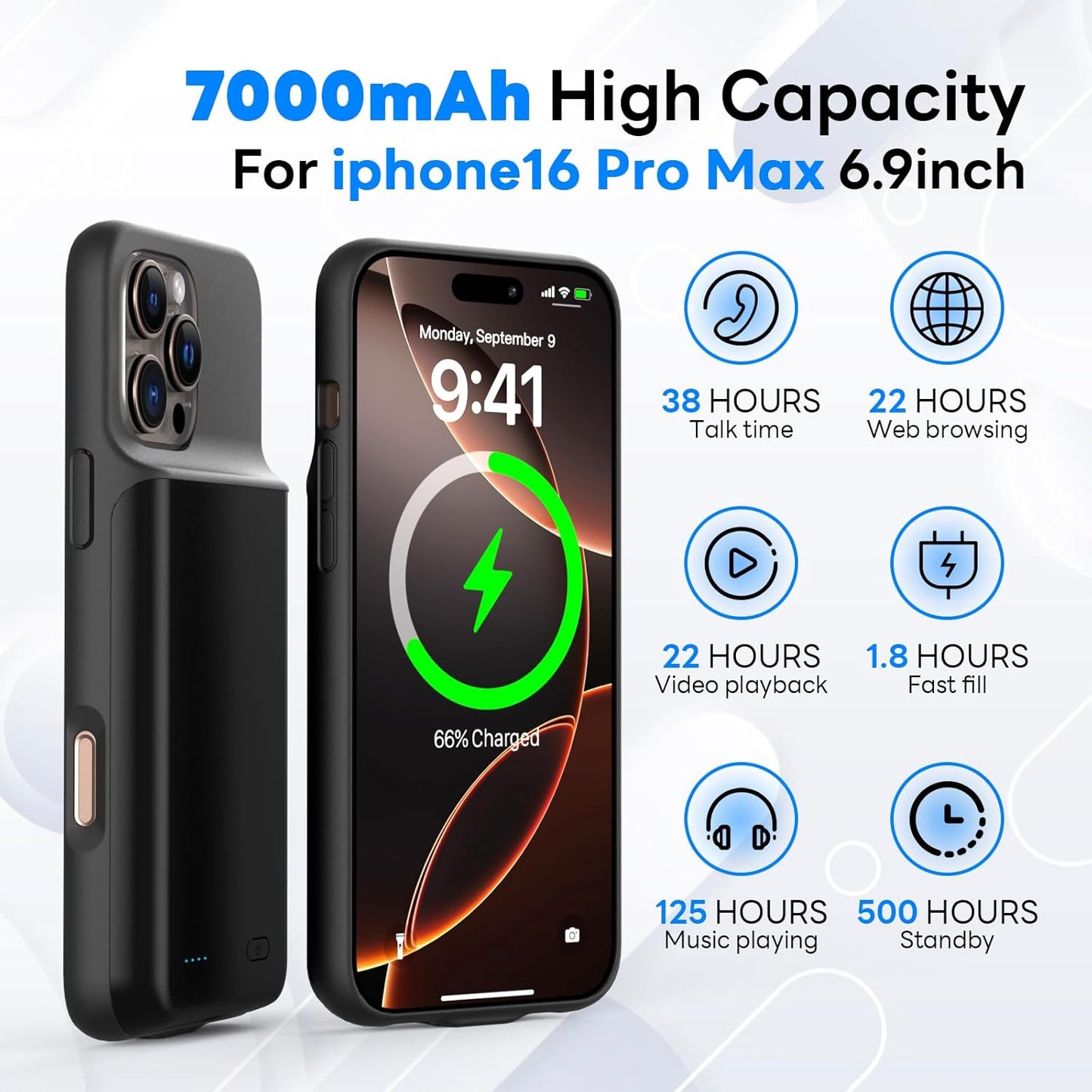 Battery Case for iPhone 16 Pro Max (6.9 inch),Charging Case Charger Ultra-Slim 7000mAh Rechargeable Portable Extended Charger Case Cover w/Tempered-Glass Protector - Black