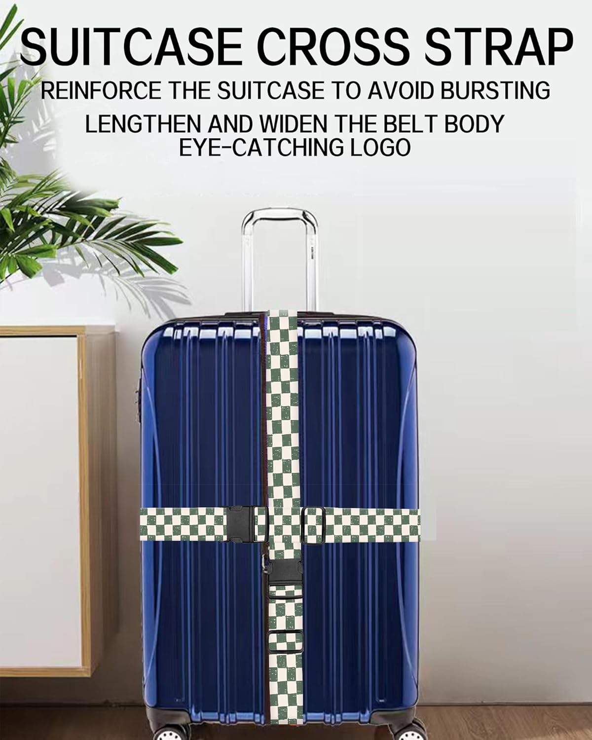 Luggage Straps for Suitcases, Adjustable Travel Belt, Durable Wide Luggage Strap, Cute Suitcase Strap Identifiers with Buckle, Bag Straps for Luggage, Green White Plaid