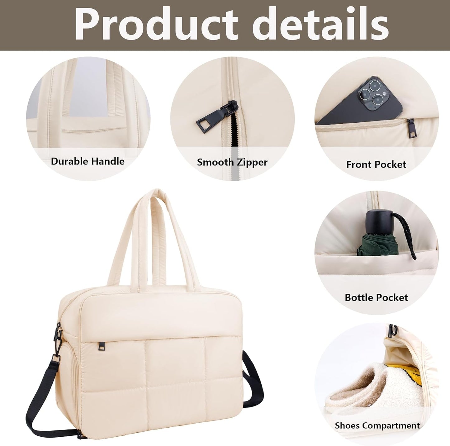 Weekender Fluffy Bag Quilted Nylon Puffer Tote Bag Personal Item Bag for Airlines Overnight Bag Gym Bag