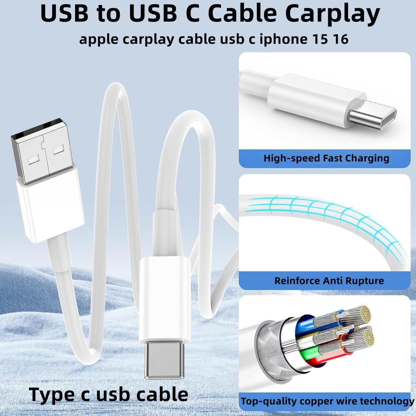 6ft Car Carplay Charger Cable for Apple iPhone 17 Pro Max/17 Air/16/16 Pro Max/15 Pro Max/15 Plus/15 Pro, USB A to USB C Car Play Cord for iPad 12.9 10th Gen 5th/4th Gen/Mini Type C Car Charging Cable