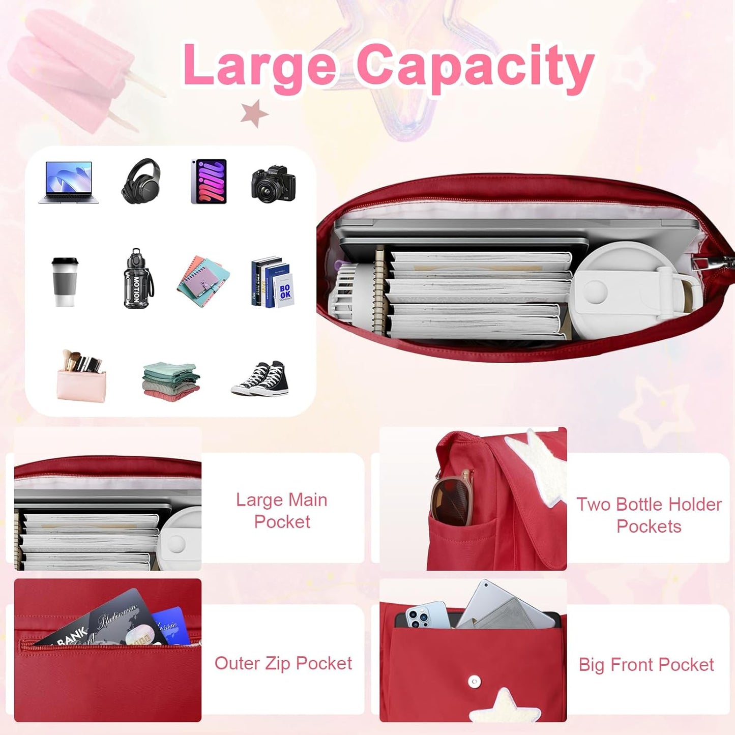 Y2K Messenger Bag for Women, Lightweight Spacious Stars Tote Purse with Cute Coin Purse, Crossbody