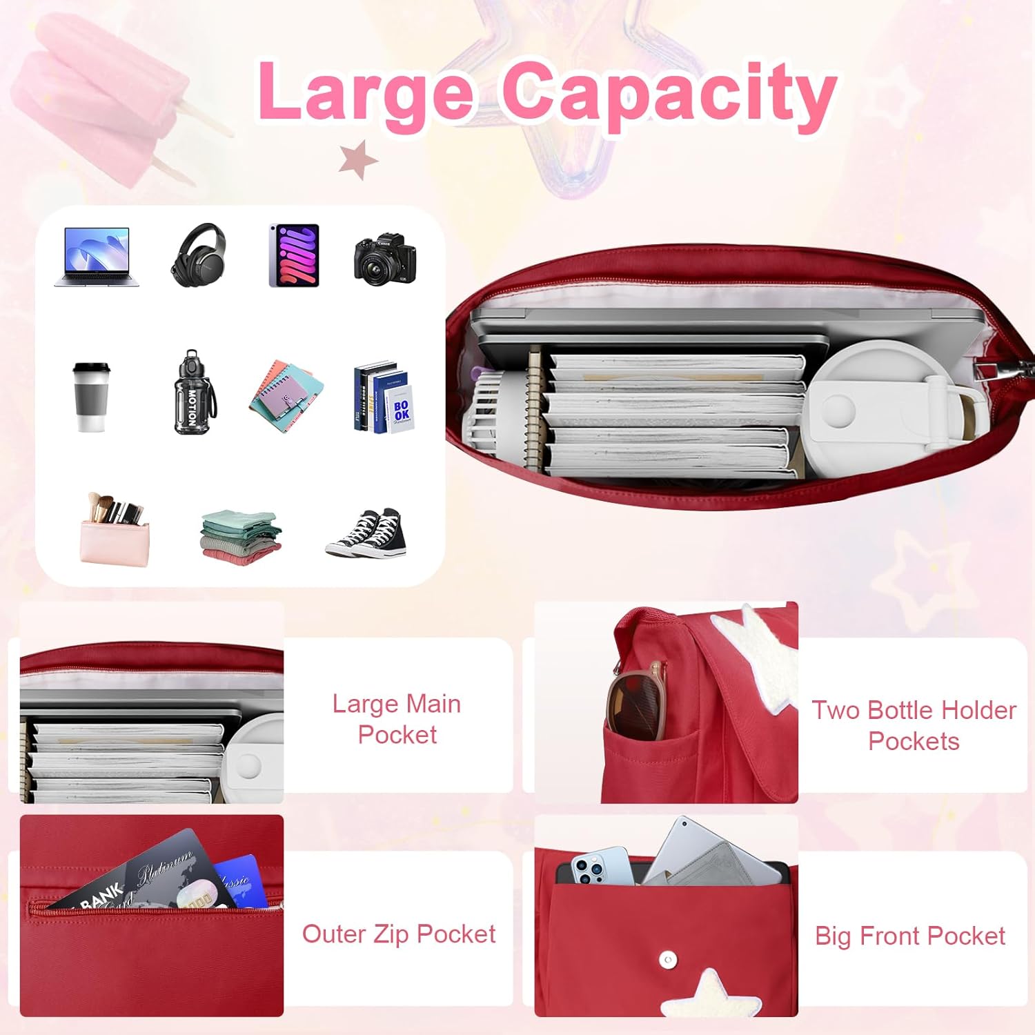 Y2K Messenger Bag for Women, Lightweight Spacious Stars Tote Purse with Cute Coin Purse, Crossbody