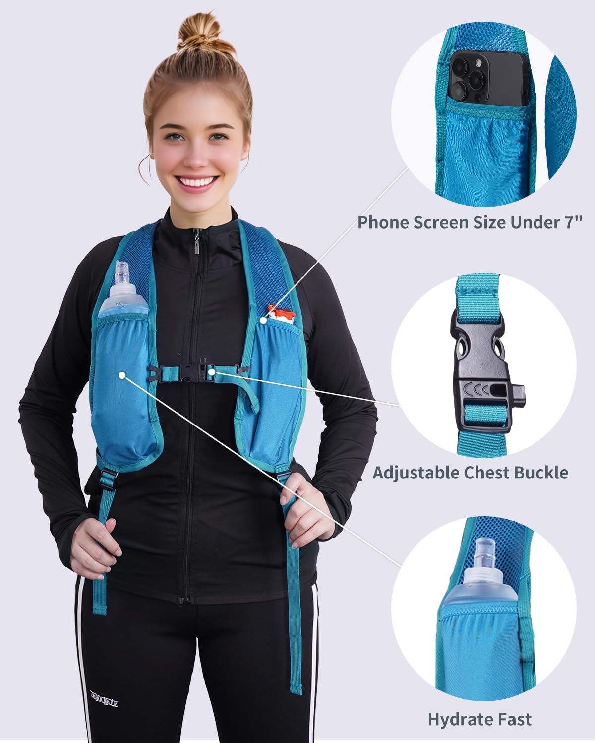 Blue Quartz 15L Hiking Backpack with Soft Flask, Ultralight Hiking Daypack with Chest Pockets for Women Men, Lightweight Foldable Packable BackPack With Chest Strap (patent pending)