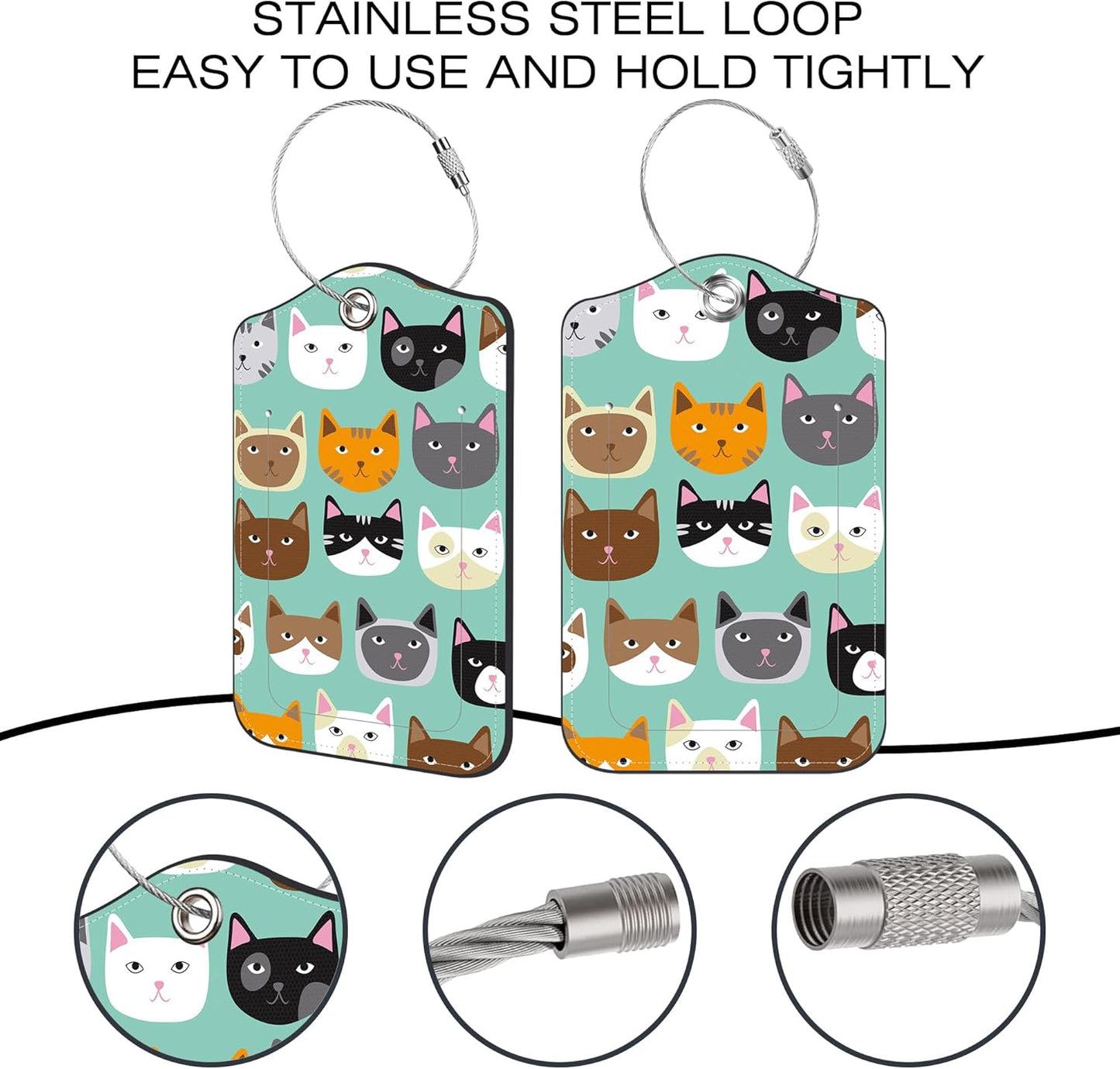 2 Pack Luggage Tags,Cute Cat Face PU Leather Idea Baggage Tag with ID Labels Privacy Cover Metal Ring Men and Women Travel Bag Labels