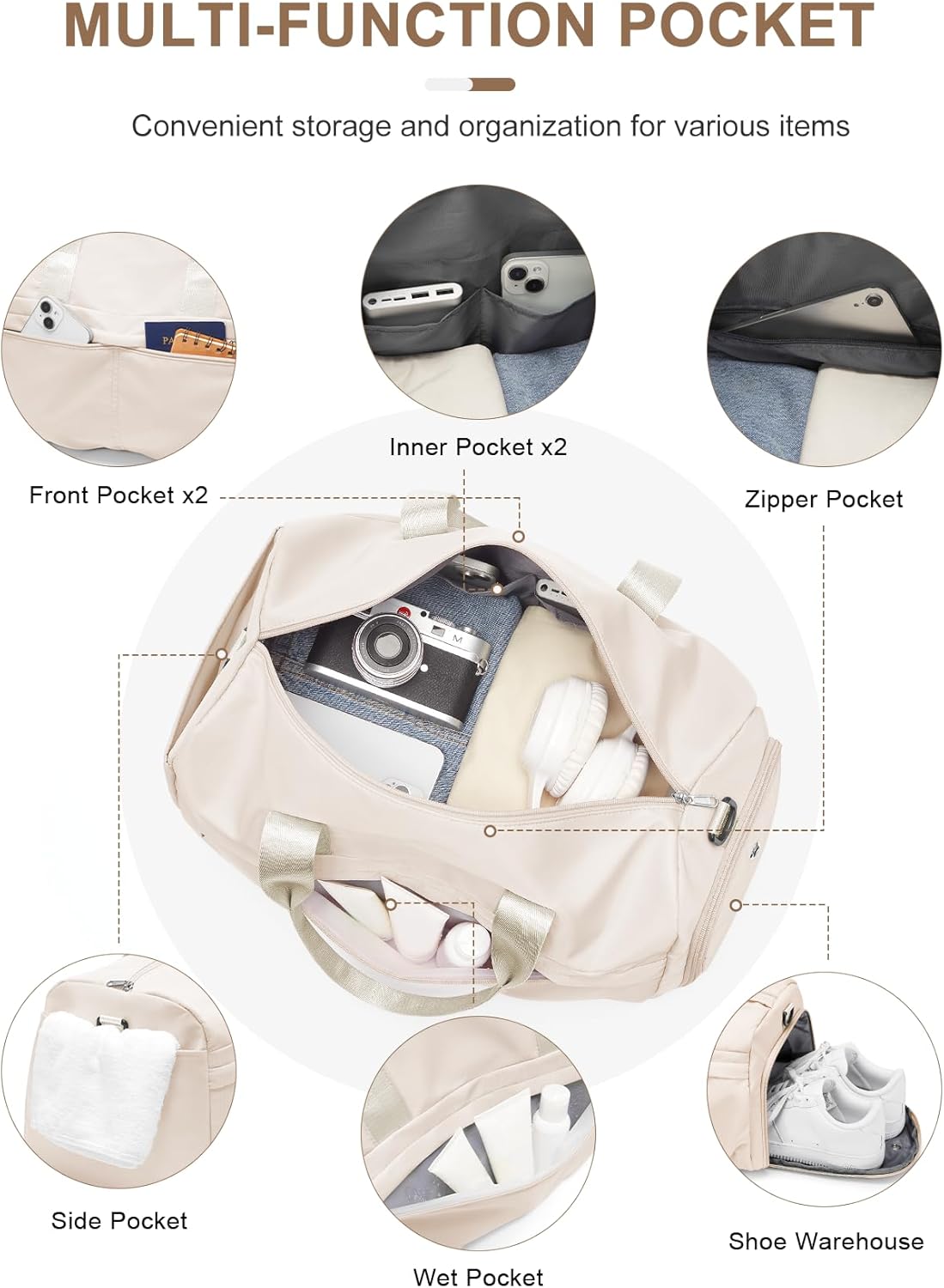 Gym Bag for Women Men, Sport Duffel Bag with Toiletry Bag & Shoe Compartment,Waterproof Travel Weekender Overnight Carry on Bag for Yoga with Trolley Sleeve, Beige Set