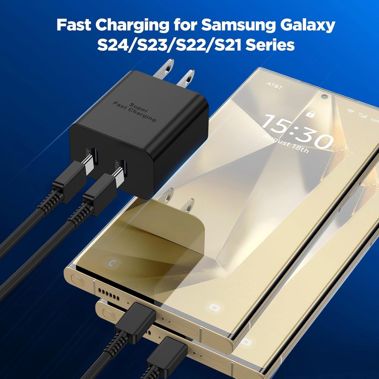 Dual Port 45W Super Fast Charger and Long USB C to C Cable 10ft,Type C Block Plug and Android Phone Charging Cord for Samsung Galaxy S25/S24 Ultra/S23+/S22 Plus/S21/S20/Note 20/iPhone 17 16 15 Pro Max