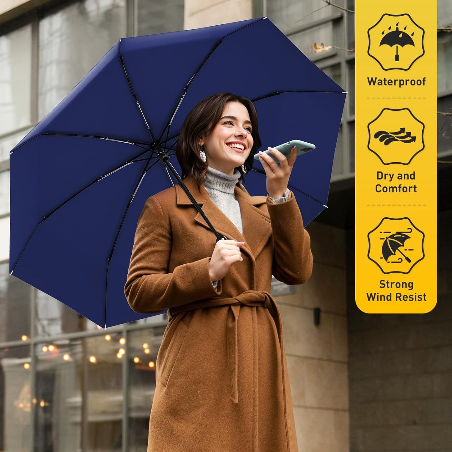 Windproof Travel Umbrella, Compact Umbrella, Car Umbrellas for Rain & Sun, 8 Fiberglass Ribs for