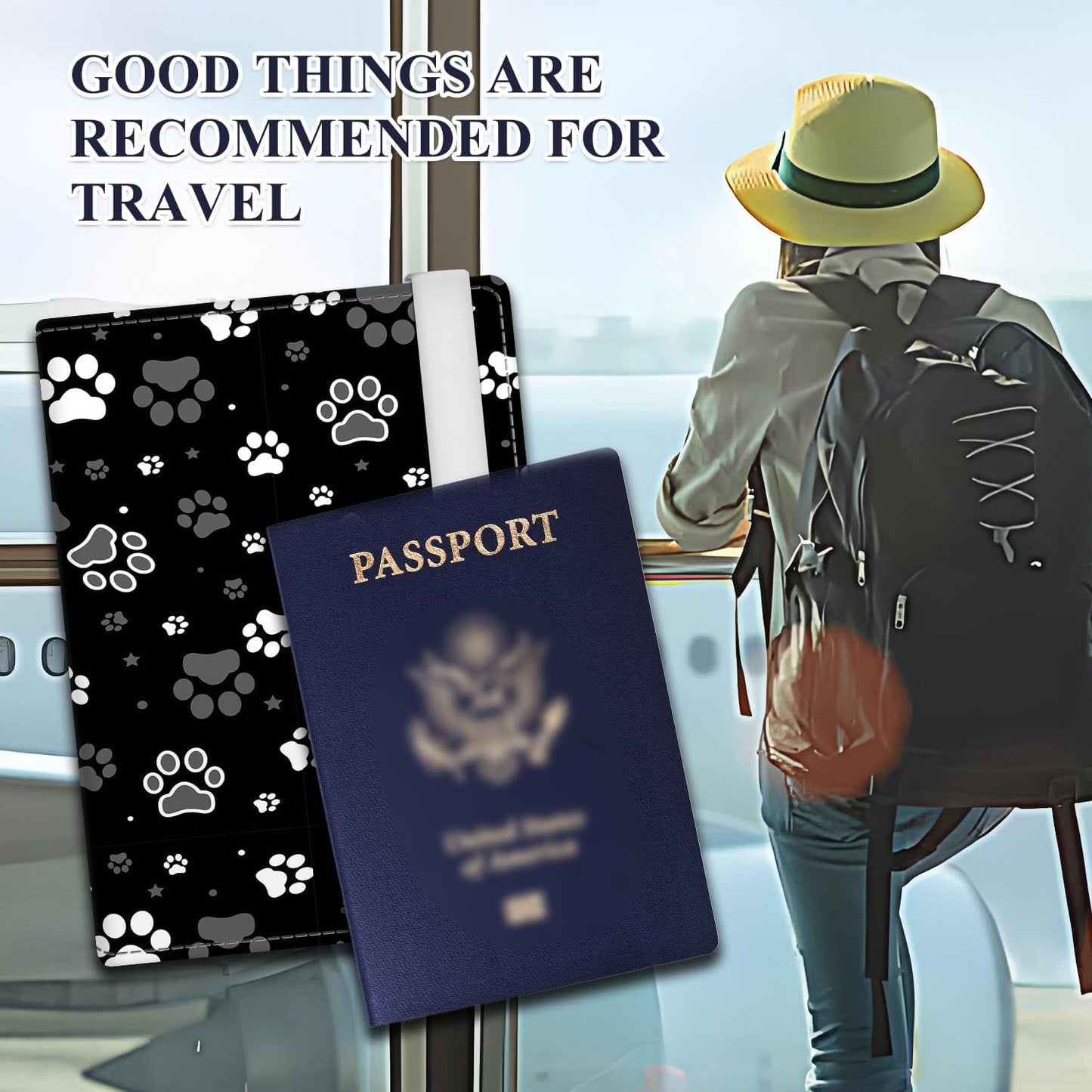 Passport Holder for Travel Essentials, RFID Premium Leather Passport Wallet Cover Case for Travel Must Haves Accessories, Passport Holders for Women Men Cute Dog Paws