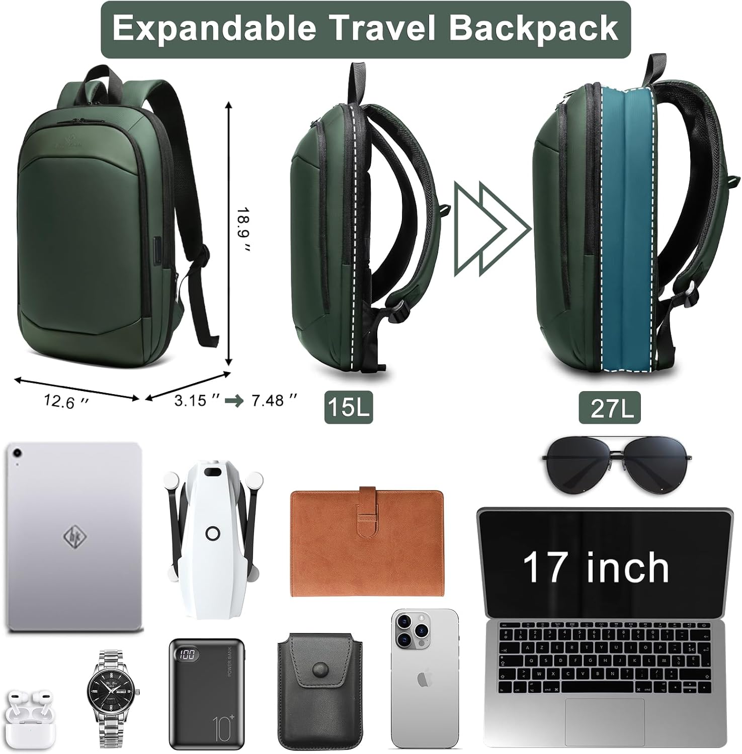 Business Backpack 17 Inch Slim Expandable Waterproof Travel Laptop Backpacks with USB Charger Port