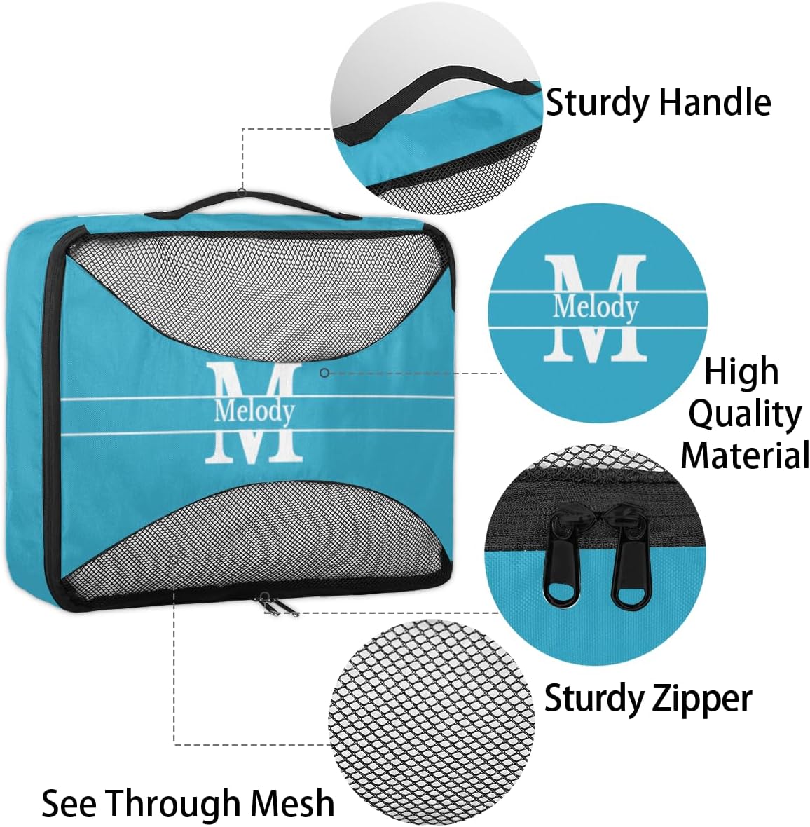 Custom 4 Packing Cubes Set, Lightweight Mesh Travel Luggage Organizers for Travel, Lake Blue Initial Letter 4 Pieces Suitcase Storage Bags