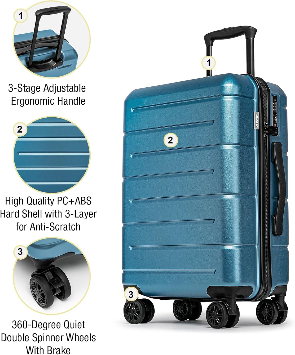 KYME 26 Inch Luggage TSA Approved Hard Shell Suitcases with Spinner Wheels Durable Medium Travel Checked Luggage with Cup Holder for Women Men Blue