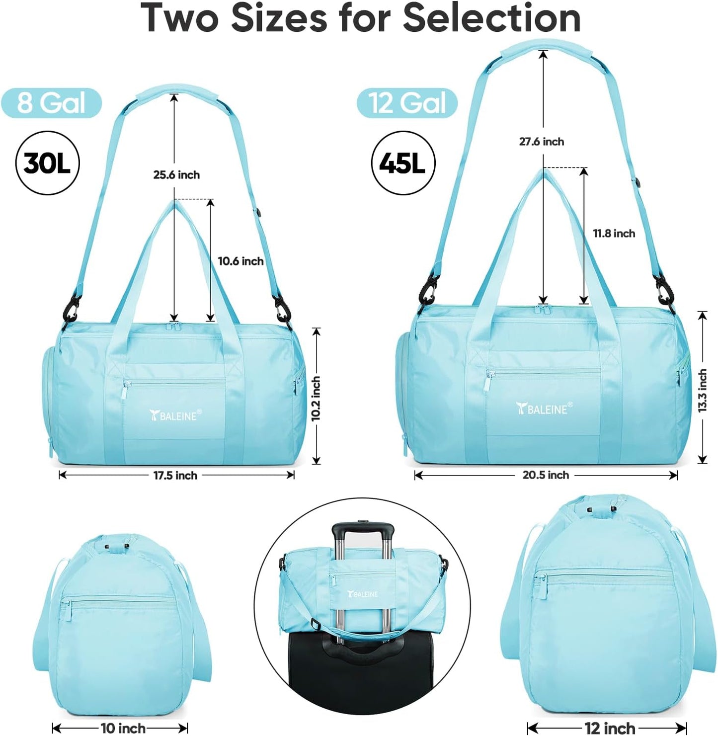 BALEINE Gym Bag for Women and Men, Duffel Bag for Sports, Gyms and Weekend Getaway, Waterproof Dufflebag with Shoe and Wet Clothes Compartments, Lightweight Carryon Gymbag (Azure)