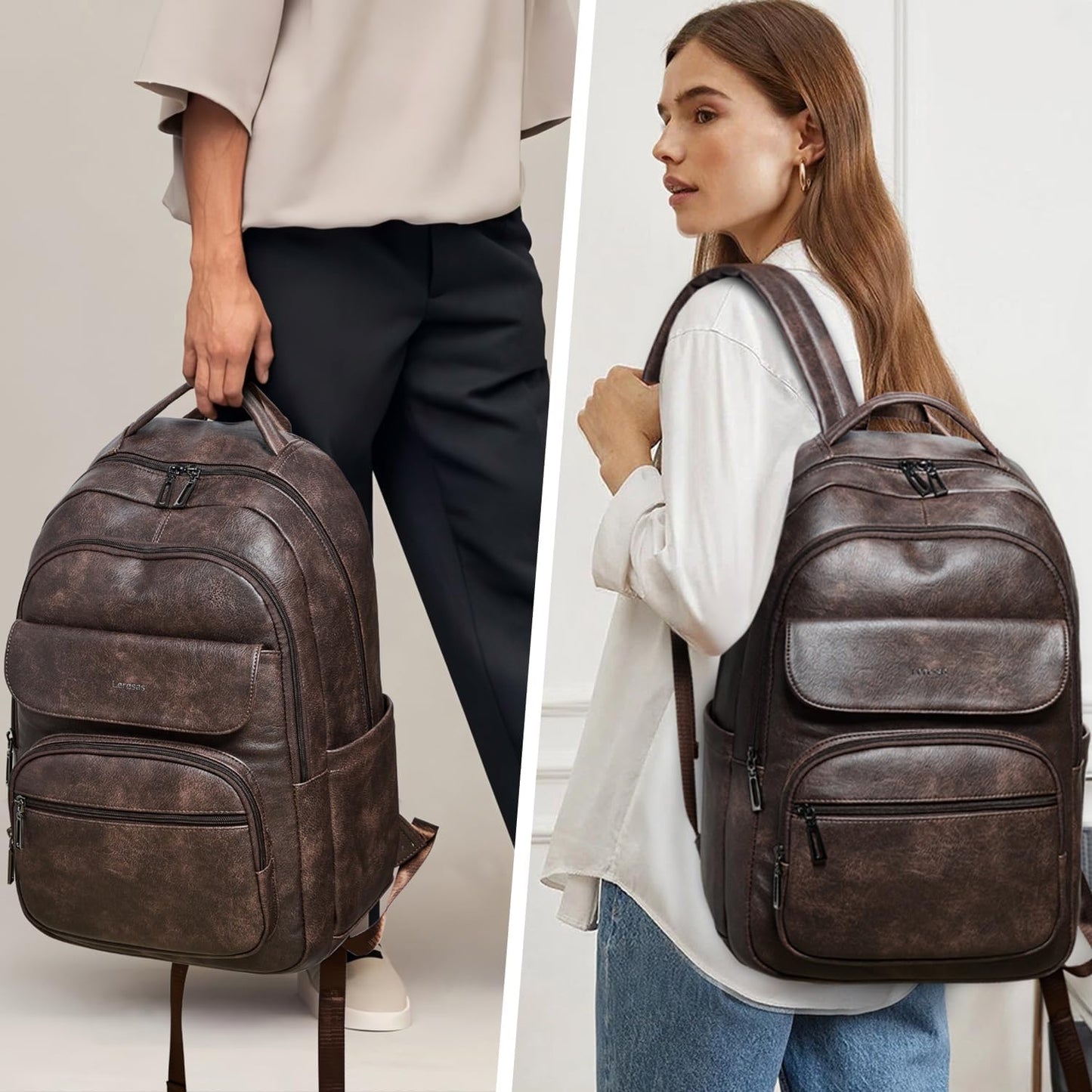 37L Backpack Purse for Women Men for Work Laptop Travel Back Pack Purses Vegan Leather Fashion College Daypack Coffee