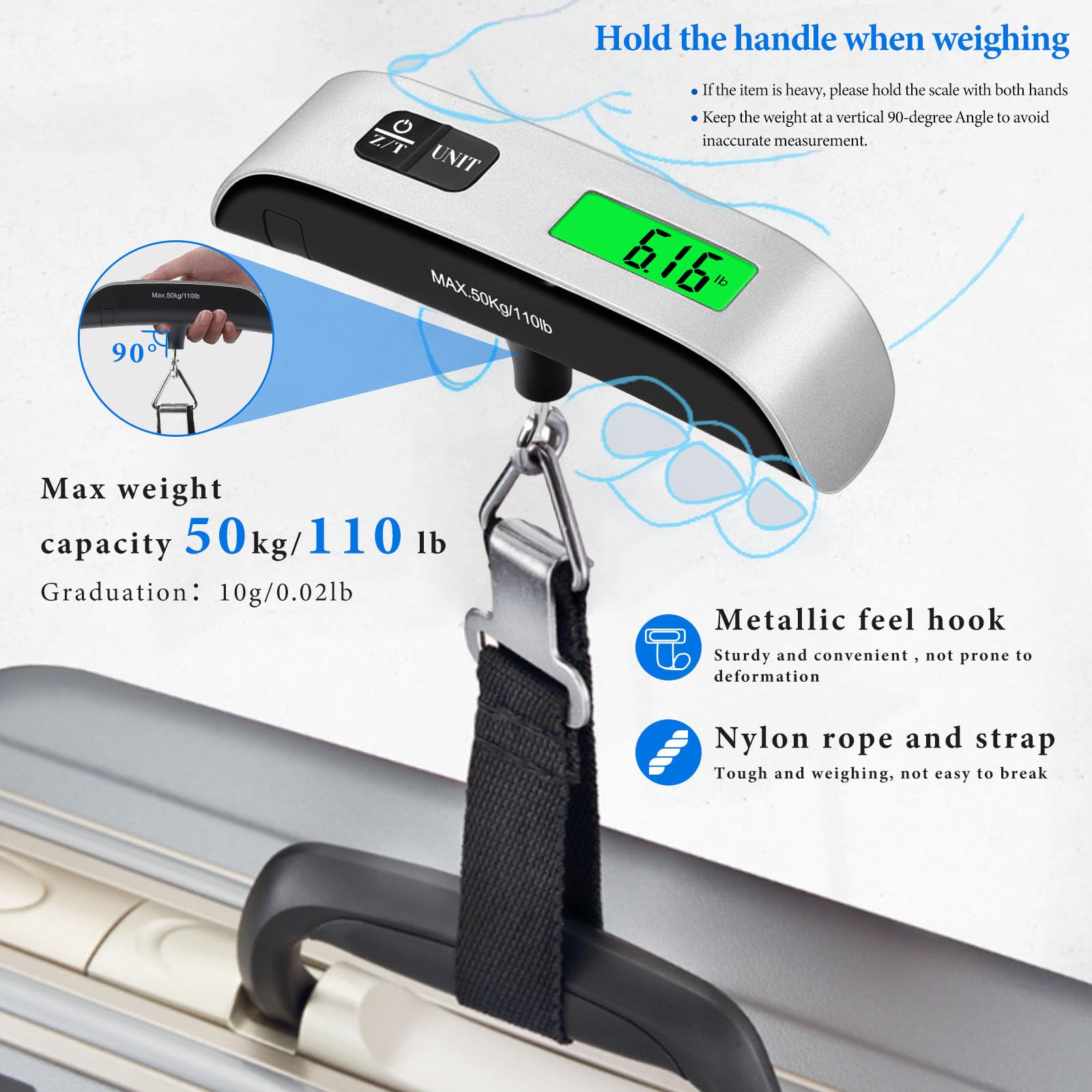 Luggage Scale, 110lb/50kg Portable Luggage Weight Scale, Silver