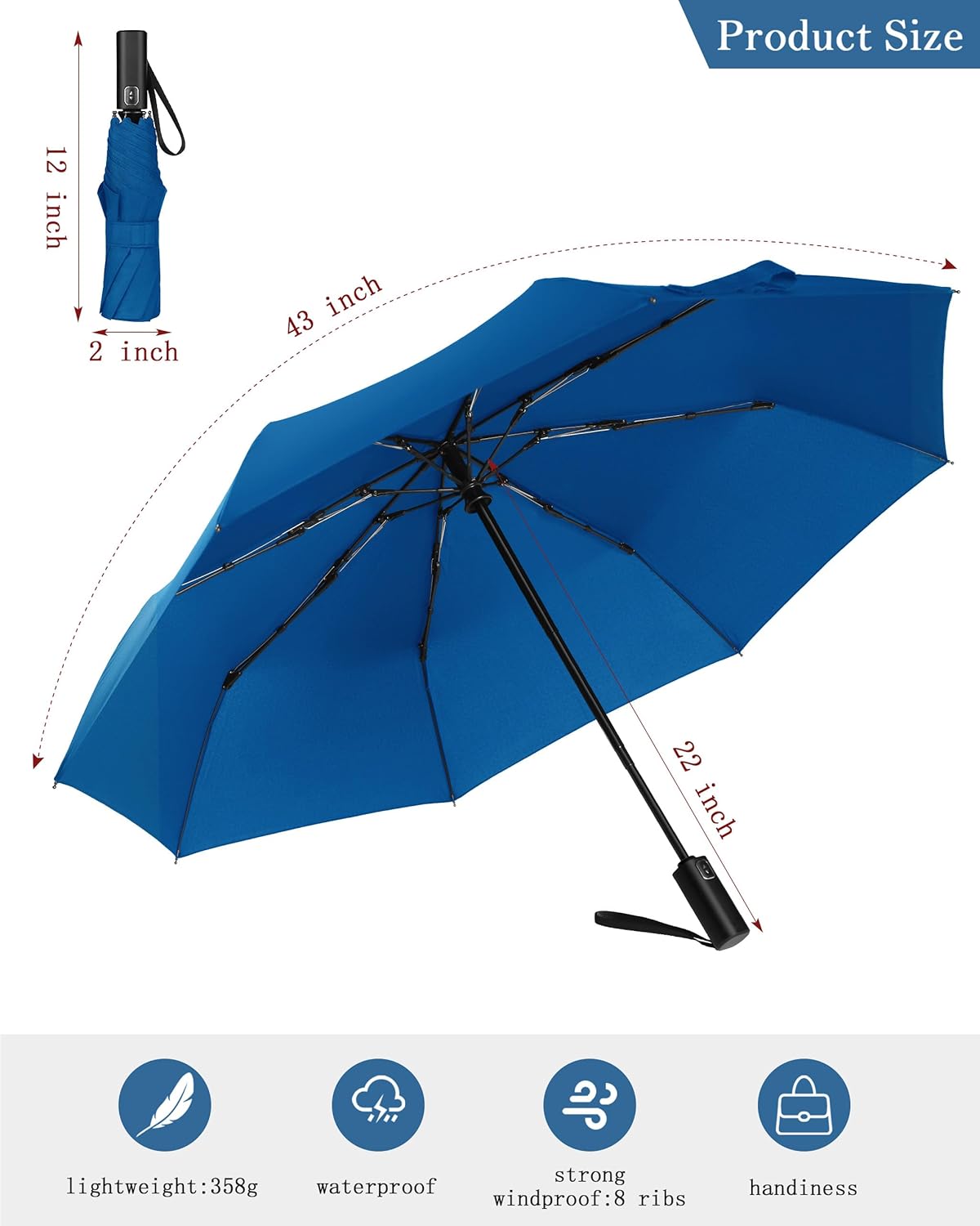 Windproof Travel Umbrella, Automatic Folding Compact Lightweight Umbrella for Women & Men, Durable