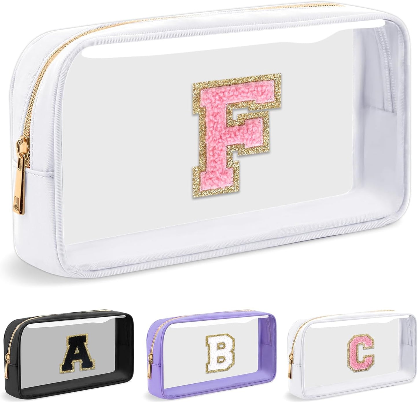 Personalized Initial Letter Clear Makeup Bag,Preppy Small Nylon&PVC Cosmetic Zipper Bag with Chenille Letter,Travel Skincare Toiletry Bag,Monogram Christmas Gift for Teen Girls Women,F