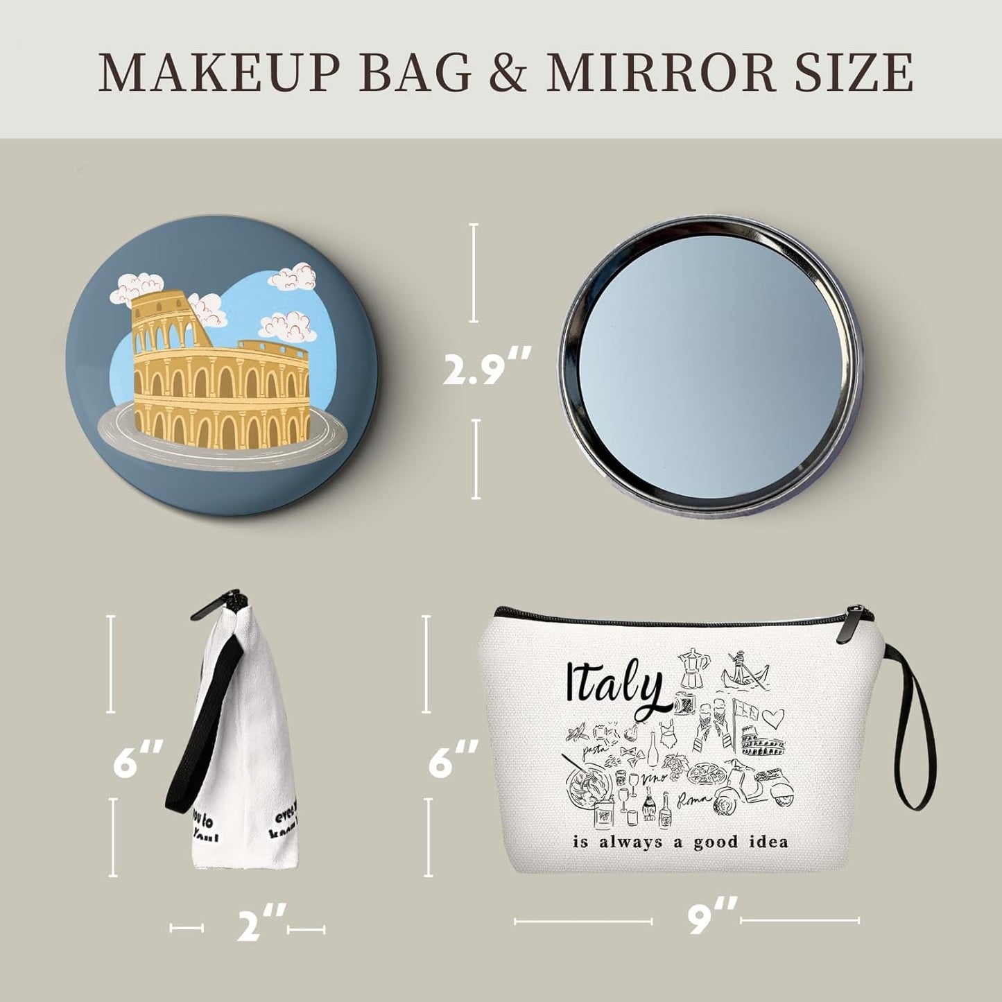 SEAMOON Italy Travel Trip Birthday Vacation Gifts for Friend Sister Girls International Travelers Women Small Cosmetic Makeup Bag with Mirror Christmas Gifts