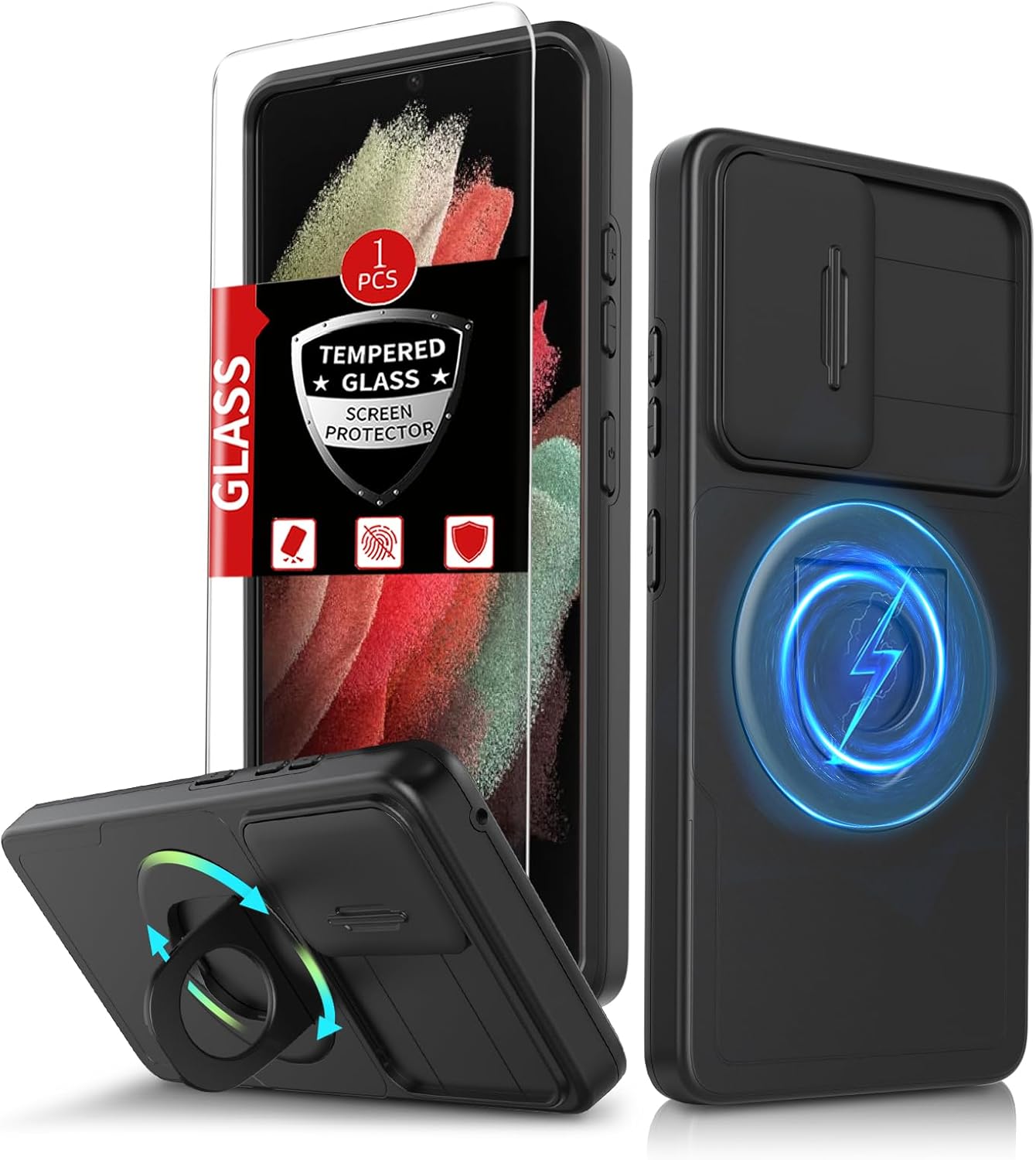 for Samsung Galaxy S21 Ultra Case Magnetic Compatible with MagSafe Wireless Charging,with Screen Protector,Built-in Stand Ring+Camera Cover Anti-Scratch Shockproof Heavy Duty Protection Black