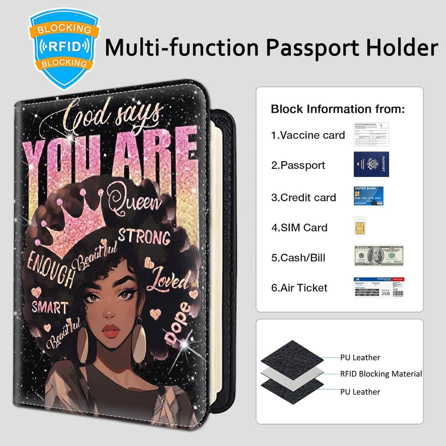 Passport Holder Women Wallet with Luggage Tag, Leather Passport Cover with RFID Blocking, Travel Accessories Multi Card Slot Passport Case for Men，African Girls Inspirational Quotes