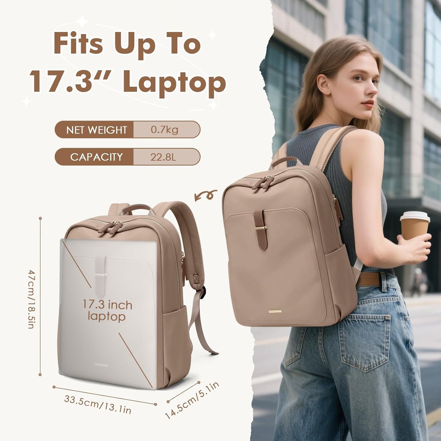 Laptop Backpack for Women,Casual Work Business Backpacks Purse Carry on Travel Backpack,17.3 Inch,Brown
