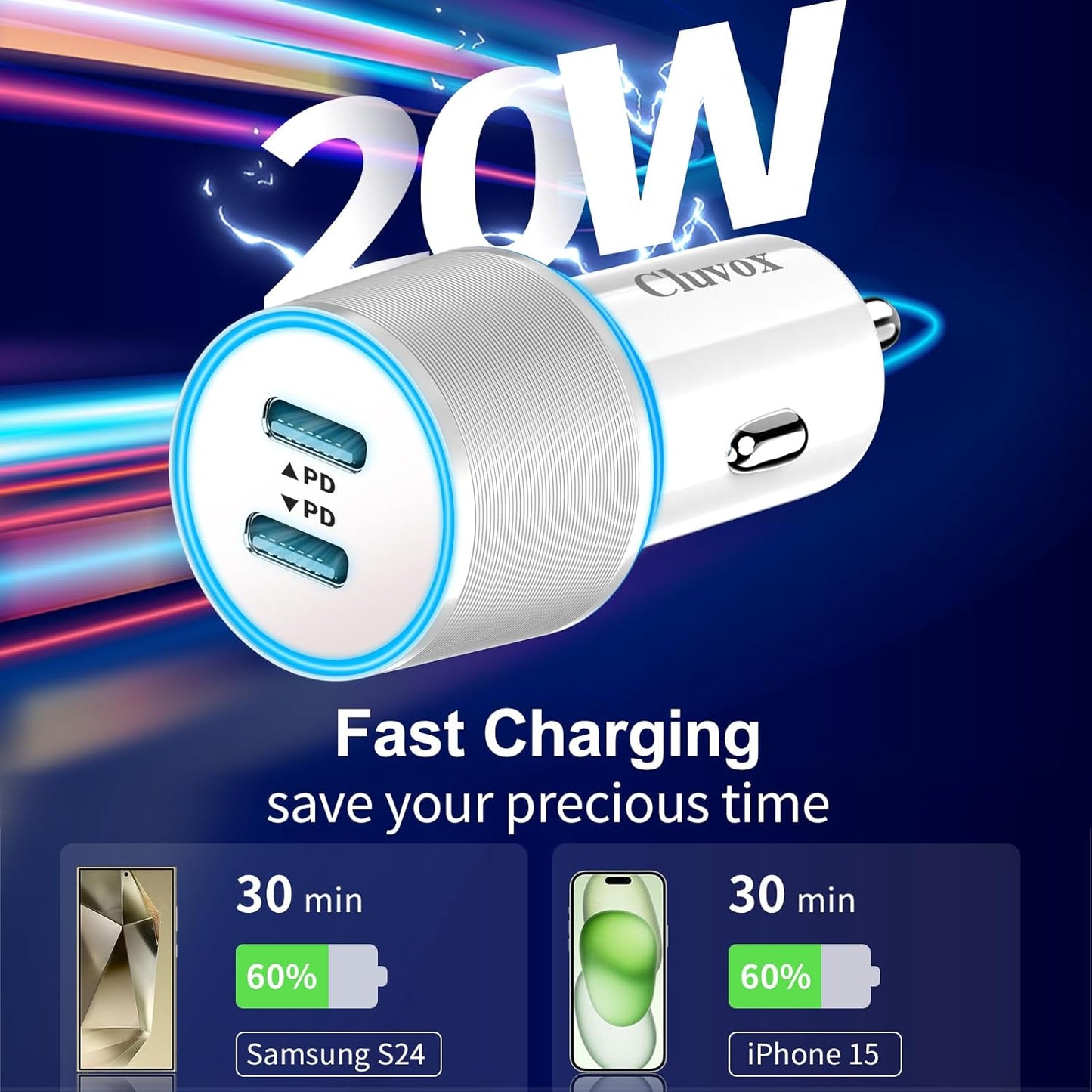 2 Pack 40W Fast USB C Car Charger Adapter for iPhone 17/16/15 Pro Max/Plus/Samsung Galaxy S25/S24 Ultra/S23 Car Phone Charger, Dual 20W PD Port Cigarette Lighter Adapter with 3.3FT Type C Cord-White