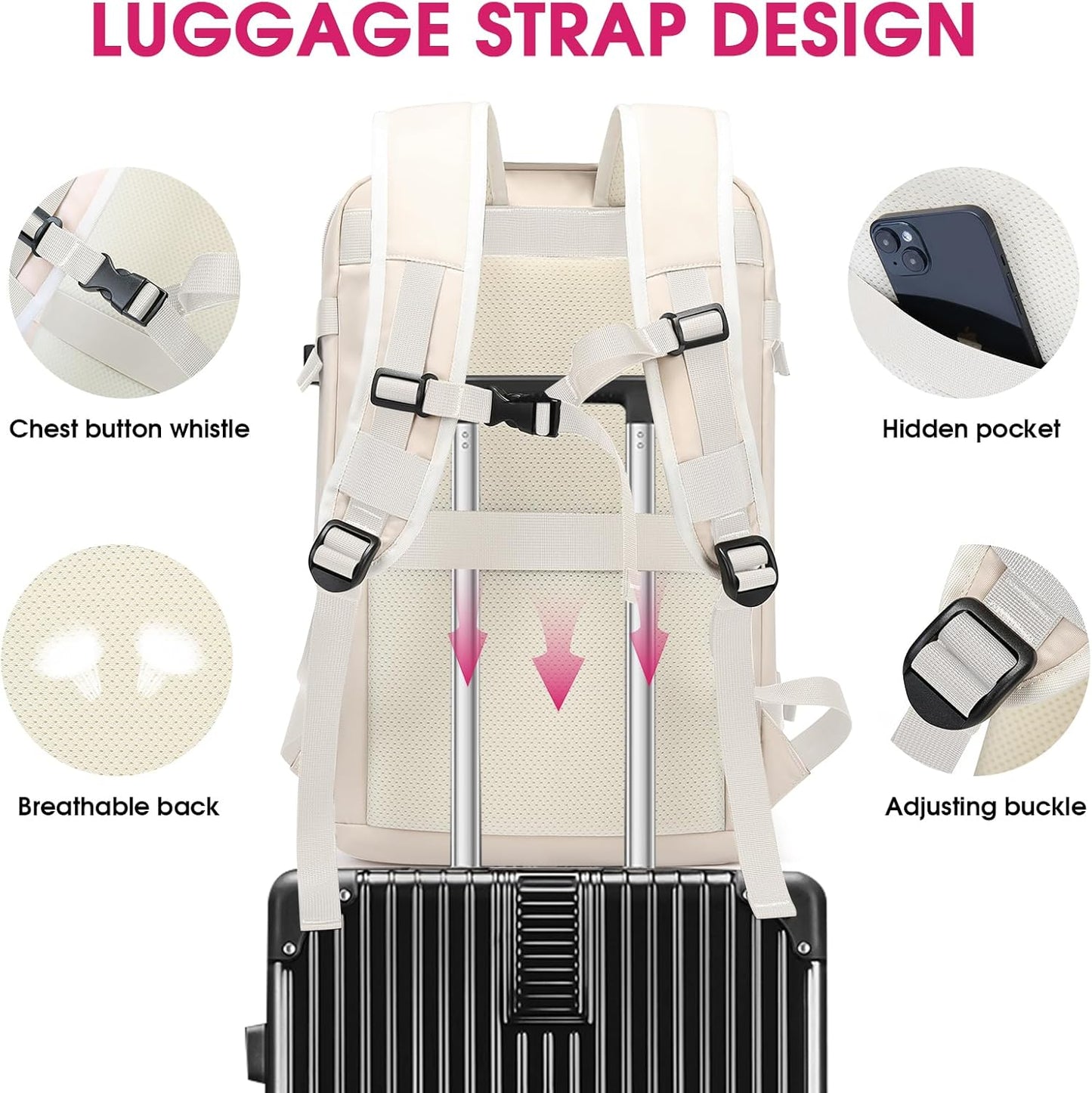 Travel Backpack for Women, 50L Extra Large Capacity Backpack with USB Charging Port, Expandable 17.3 inch Laptop Backpack Mochila Flight Approved, Casual Daypack for Weekender,Beige