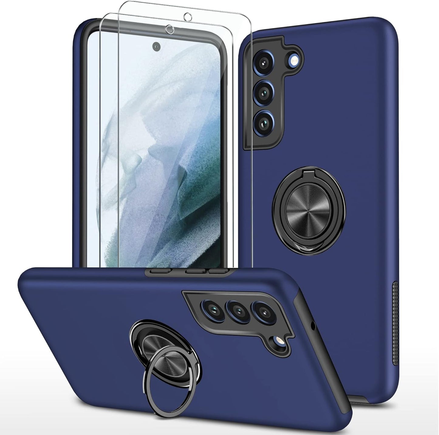 Galaxy S21 FE 5G Case with Nano Explosion-Proof Film - 2 Pack Military Grade Double Shockproof Invisible Kickstand Case - Blue