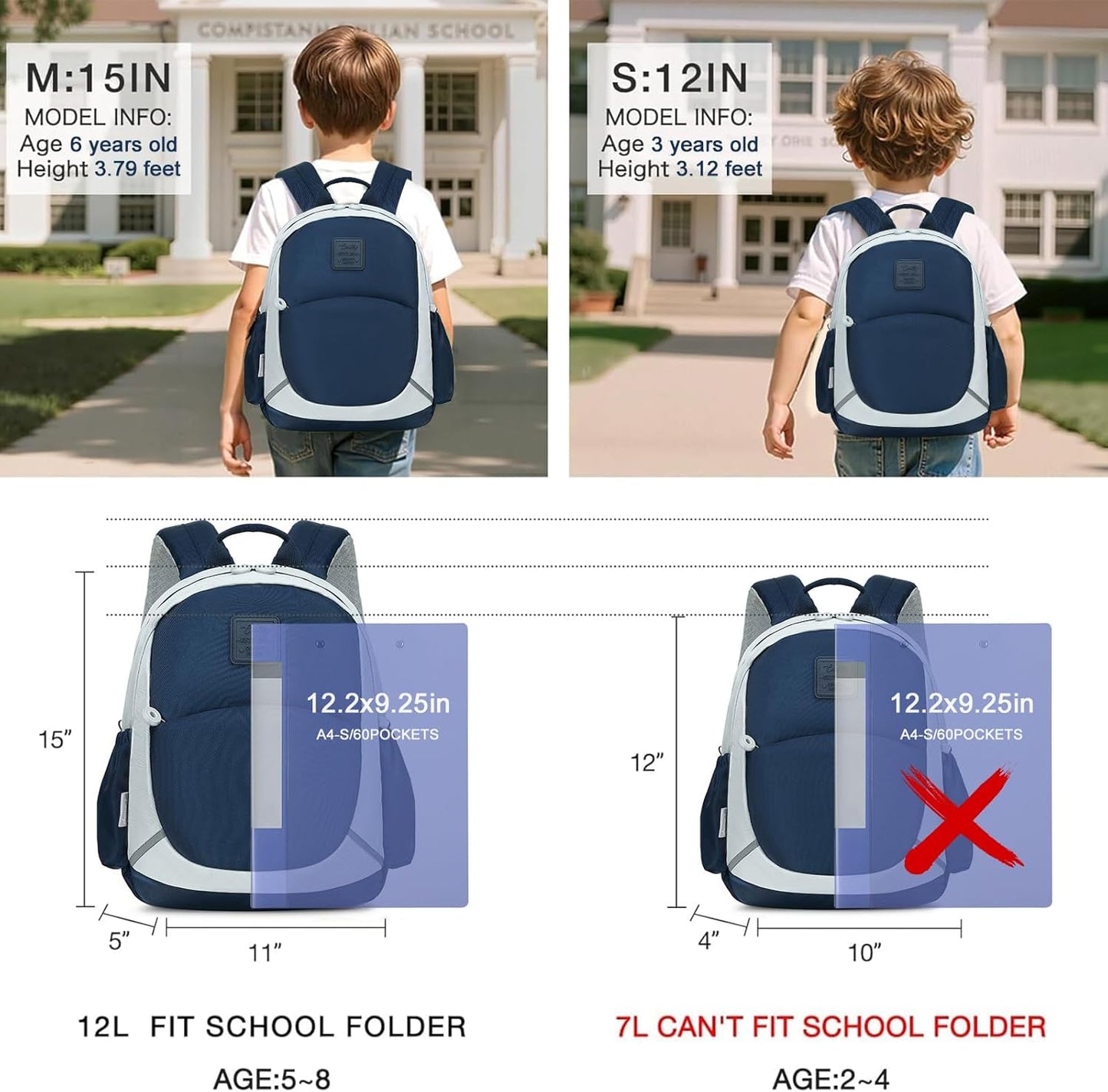 CAMTOP Toddler Backpack for Boys Girls 2-4, Kids Backpacks for Kindergarten Preschool, 12" H Small Bookbag for Daycare Travel (Navy)