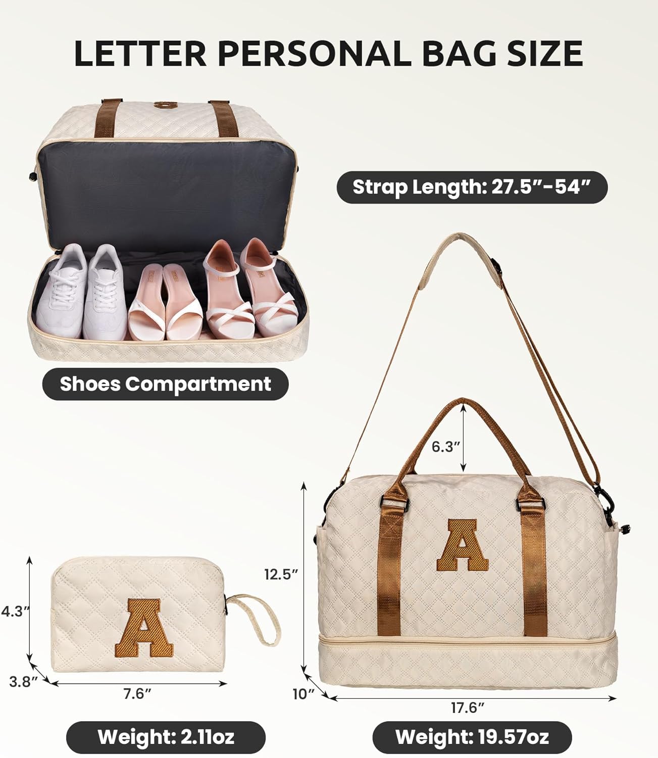 Personalized Initial Duffle Travel Bag, Monogram Weekender Overnight Bag for Women with Wet Pocket and Shoulder Strap, Female Travel Bag with Makeup Bag Gift (Letter W)