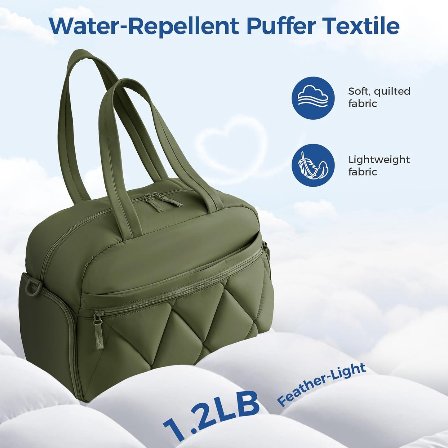 Gym Bag for Women, Puffer Travel Duffle Bag With Shoes Compartment & Wet Pocket, Carry On Tote Bag For Weekender, Overnight, Sport (Green)
