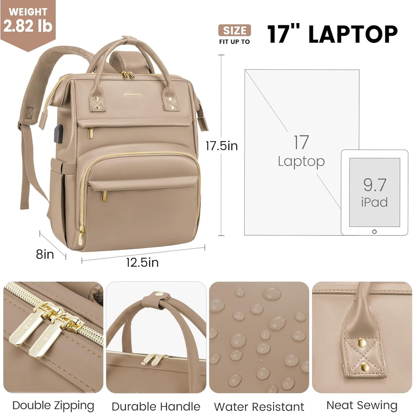 LOVEVOOK Leather Laptop Backpack for Women 17 inch,Travel Backpack Purse Nurse Teacher Backpack Computer Laptop Bag,Professional College Business Work Bags Carry On Backpack with USB Port,Sandy