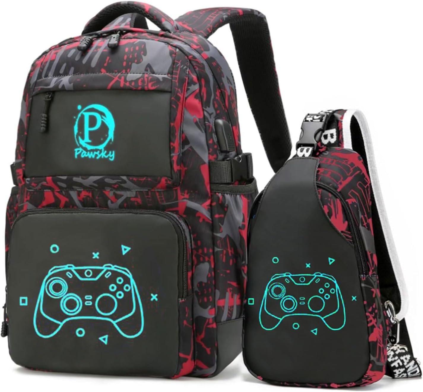 Kids Backpack for Boys Girls Elementary Primary Middle School Bags Cool Luminous School Backpack with USB Charging Port, College Bookbag Lightweight Laptop Bag with Sling Bag Set, Red